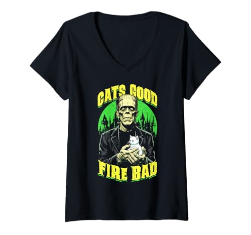Damen Cats Good Fire Bad Funny Frankenstein Katzenliebhaber Kätzchen T-Shirt mit V-Ausschnitt Damen Cats Good Fire Bad Funny Frankenstein Katzenliebhaber Kätzchen T-Shirt mit V-Ausschnitt von Grandio Design Cat Lover Feline Friend Pet Gifts