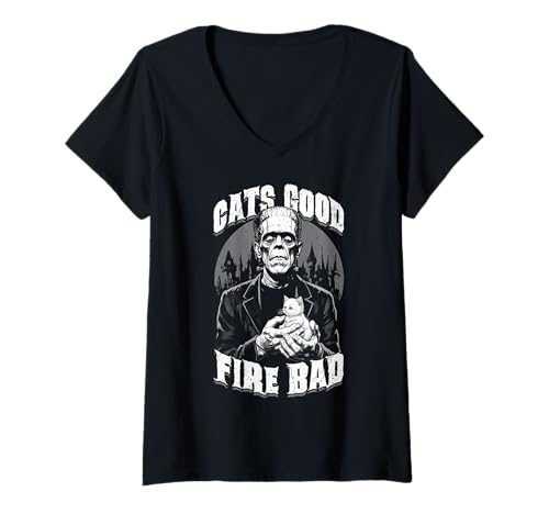 Damen Cats Good Fire Bad Funny Frankenstein Katzenliebhaber Kätzchen T-Shirt mit V-Ausschnitt Damen Cats Good Fire Bad Funny Frankenstein Katzenliebhaber Kätzchen T-Shirt mit V-Ausschnitt von Grandio Design Cat Lover Feline Friend Pet Gifts