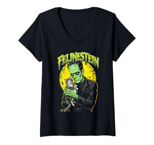 Damen Frankenstein Katzenliebhaber Felinestein Lustiges Halloween-Monster T-Shirt mit V-Ausschnitt Damen Frankenstein Katzenliebhaber Felinestein Lustiges Halloween-Monster T-Shirt mit V-Ausschnitt von Grandio Design Cat Lover Feline Friend Pet Gifts