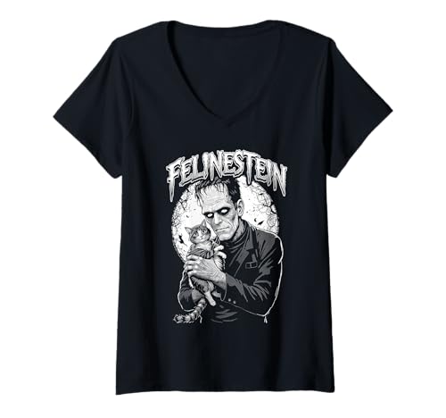 Damen Frankenstein Katzenliebhaber Felinestein Lustiges Halloween-Monster T-Shirt mit V-Ausschnitt Damen Frankenstein Katzenliebhaber Felinestein Lustiges Halloween-Monster T-Shirt mit V-Ausschnitt von Grandio Design Cat Lover Feline Friend Pet Gifts