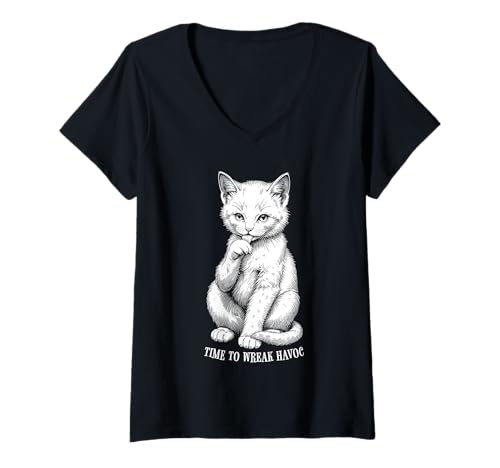 Damen Lustiges Katzenliebhaber-Zitat mit Aufschrift Time to Wreak Havoc T-Shirt mit V-Ausschnitt Damen Lustiges Katzenliebhaber-Zitat mit Aufschrift Time to Wreak Havoc T-Shirt mit V-Ausschnitt von Grandio Design Cat Lover Feline Friend Pet Gifts