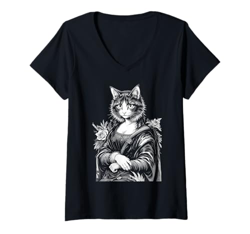 Damen Mona Lisa Katzenliebhaber Leonardo Da Vinci Vintage Cute Kitty Art T-Shirt mit V-Ausschnitt Damen Mona Lisa Katzenliebhaber Leonardo Da Vinci Vintage Cute Kitty Art T-Shirt mit V-Ausschnitt von Grandio Design Cat Lover Feline Friend Pet Gifts