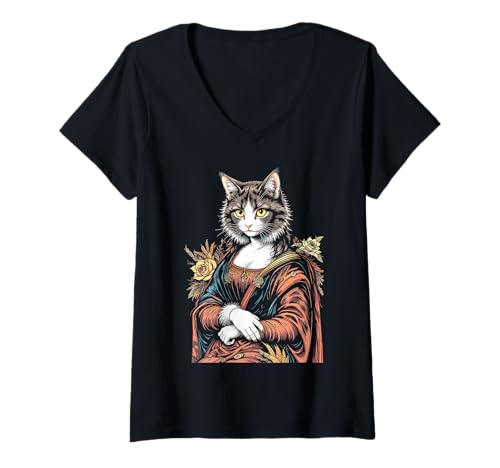 Damen Mona Lisa Katzenliebhaber Leonardo Da Vinci Vintage Cute Kitty Art T-Shirt mit V-Ausschnitt Damen Mona Lisa Katzenliebhaber Leonardo Da Vinci Vintage Cute Kitty Art T-Shirt mit V-Ausschnitt von Grandio Design Cat Lover Feline Friend Pet Gifts