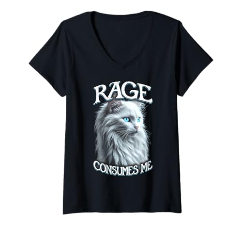 Damen Rage Consumes Me Katze, lustig, sarkastisch, süßes weißes Kätzchen-Zitat T-Shirt mit V-Ausschnitt Damen Rage Consumes Me Katze, lustig, sarkastisch, süßes weißes Kätzchen-Zitat T-Shirt mit V-Ausschnitt von Grandio Design Cat Lover Feline Friend Pet Gifts