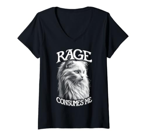 Damen Rage Consumes Me Katze, lustig, sarkastisch, süßes weißes Kätzchen-Zitat T-Shirt mit V-Ausschnitt Damen Rage Consumes Me Katze, lustig, sarkastisch, süßes weißes Kätzchen-Zitat T-Shirt mit V-Ausschnitt von Grandio Design Cat Lover Feline Friend Pet Gifts