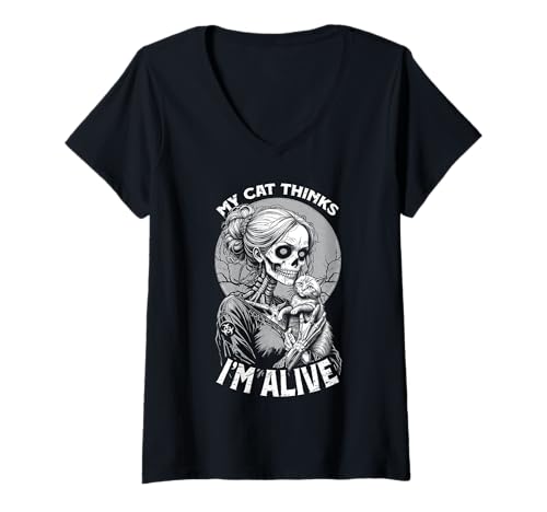 Damen Zombie Cat Mom Alive umarmt Kitty Lustiger Halloween-Horror T-Shirt mit V-Ausschnitt Damen Zombie Cat Mom Alive umarmt Kitty Lustiger Halloween-Horror T-Shirt mit V-Ausschnitt von Grandio Design Cat Lover Feline Friend Pet Gifts