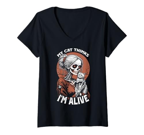 Damen Zombie Cat Mom Alive umarmt Kitty Lustiger Halloween-Horror T-Shirt mit V-Ausschnitt Damen Zombie Cat Mom Alive umarmt Kitty Lustiger Halloween-Horror T-Shirt mit V-Ausschnitt von Grandio Design Cat Lover Feline Friend Pet Gifts