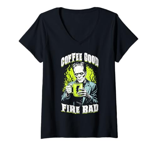Damen Frankenstein Coffee Good Fire Bad Funny Halloween Coffein T-Shirt mit V-Ausschnitt Damen Frankenstein Coffee Good Fire Bad Funny Halloween Coffein T-Shirt mit V-Ausschnitt von Grandio Design Coffee Addict