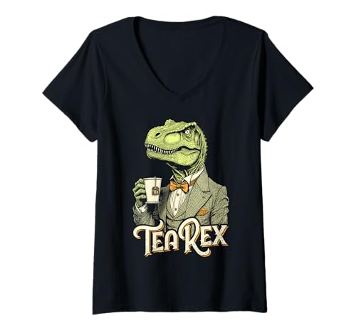 Damen Tea Rex Lustiger Dinosaurier-Liebhaber Vintage Gentleman Trex Dino Wortspiel T-Shirt mit V-Ausschnitt Damen Tea Rex Lustiger Dinosaurier-Liebhaber Vintage Gentleman Trex Dino Wortspiel T-Shirt mit V-Ausschnitt von Grandio Design Cute Funny Animal Lover Gifts