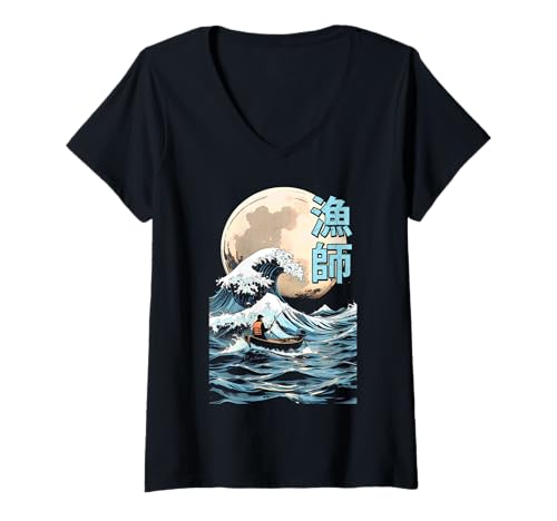 Damen Fishing Master Fisherman Great Wave Off Kanagawa Vintage T-Shirt mit V-Ausschnitt Damen Fishing Master Fisherman Great Wave Off Kanagawa Vintage T-Shirt mit V-Ausschnitt von Grandio Design Fishing And Fisherman Gifts