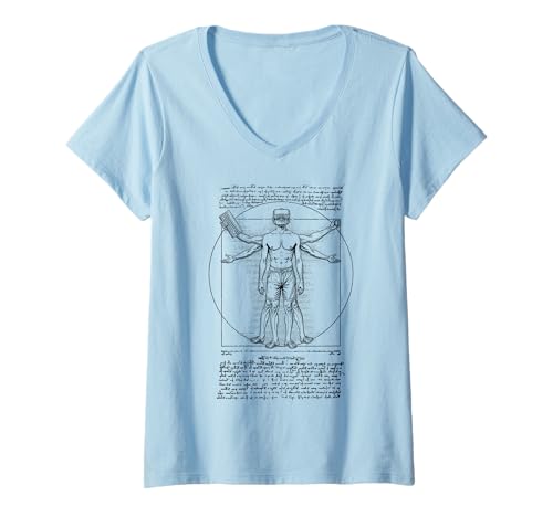 Damen Gamer Gaming Vitruvian Man Leonardo Da Vinci Vintage Spiel T-Shirt mit V-Ausschnitt von Grandio Design Funny Gamer Geek & Gaming Gifts