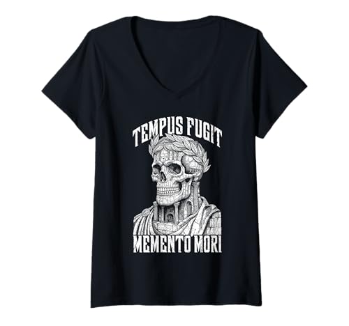 Damen Tempus Fugit Memento Mori Stoic Römischer Kaiser Totenkopf Stoizismus T-Shirt mit V-Ausschnitt von Grandio Design Funny Philosophy Philosopher Gifts
