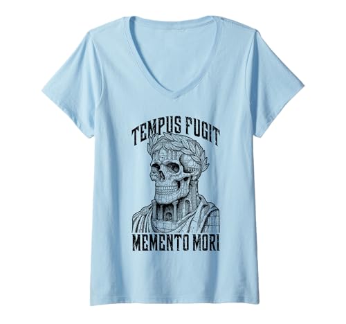 Damen Tempus Fugit Memento Mori Stoic Römischer Kaiser Totenkopf Stoizismus T-Shirt mit V-Ausschnitt von Grandio Design Funny Philosophy Philosopher Gifts