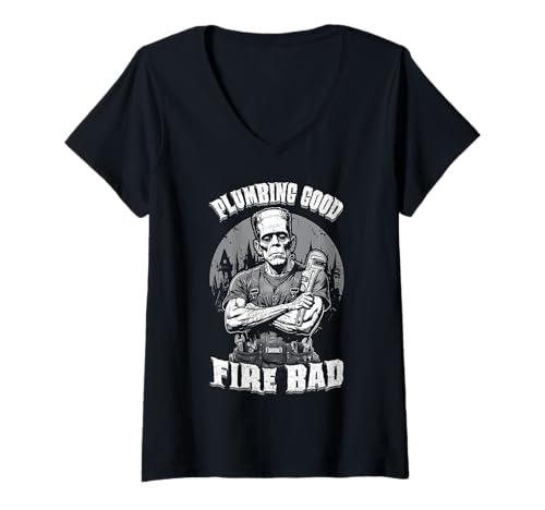 Damen Klempner Klempner Gut Lustig Frankenstein Halloween Schraubenschlüssel T-Shirt mit V-Ausschnitt Damen Klempner Klempner Gut Lustig Frankenstein Halloween Schraubenschlüssel T-Shirt mit V-Ausschnitt von Grandio Design Funny Plumber Plumbing Gifts