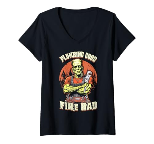 Damen Klempner Klempner Gut Lustig Frankenstein Halloween Schraubenschlüssel T-Shirt mit V-Ausschnitt Damen Klempner Klempner Gut Lustig Frankenstein Halloween Schraubenschlüssel T-Shirt mit V-Ausschnitt von Grandio Design Funny Plumber Plumbing Gifts