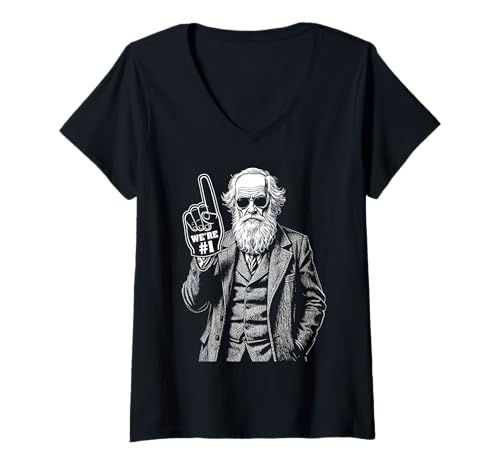 Damen Lustiger Charles Darwin Schaumstoff-Finger Nummer eins in Evolution T-Shirt mit V-Ausschnitt von Grandio Design Funny Scientific Science Gifts
