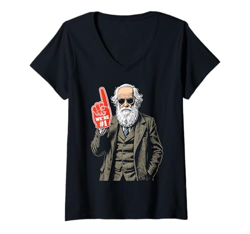 Damen Lustiger Charles Darwin Schaumstoff-Finger Nummer eins in Evolution T-Shirt mit V-Ausschnitt von Grandio Design Funny Scientific Science Gifts