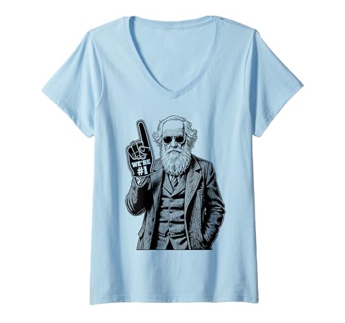 Damen Lustiger Charles Darwin Schaumstoff-Finger Nummer eins in Evolution T-Shirt mit V-Ausschnitt von Grandio Design Funny Scientific Science Gifts