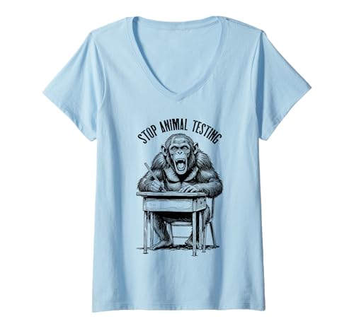 Damen Stop Animal Testing Lustiger Affe Schimpanse Schule Testteilnehmer T-Shirt mit V-Ausschnitt von Grandio Design Funny Scientific Science Gifts