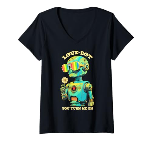 Damen Geeky Gay Pride Month Roboter Love-Bot Nerd Regenbogenherz LGBT T-Shirt mit V-Ausschnitt von Grandio Design Gay Pride & LGBT Awareness