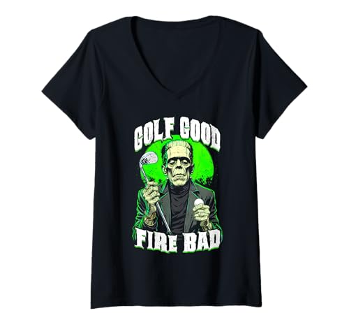Damen Golfer Halloween Golf Good Fire Bad Lustig Frankenstein T-Shirt mit V-Ausschnitt Damen Golfer Halloween Golf Good Fire Bad Lustig Frankenstein T-Shirt mit V-Ausschnitt von Grandio Design Golfing Funny Golf Golfer Gifts