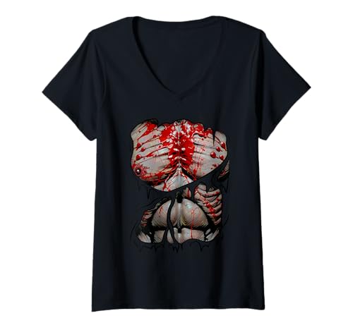 Damen Zombie Torso Inside Easy Lazy Halloween Kostüm Horror Zerrissen T-Shirt mit V-Ausschnitt von Grandio Design Halloween Horror