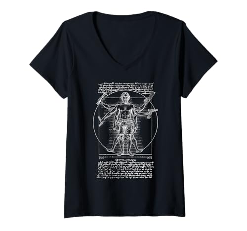 Damen Tischler Zimmerei Vitruvian Man Leonardo Da Vinci Papa DIY T-Shirt mit V-Ausschnitt von Grandio Design Handyman Mechanic Carpenter Gifts