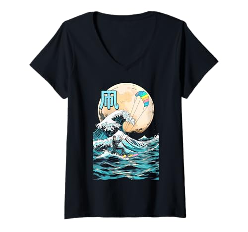 Damen Kiteboarding Kitesurfen Great Wave Off Kanagawa Surfer Sea T-Shirt mit V-Ausschnitt von Grandio Design Kiteboarding Kitesurfing Power Kite