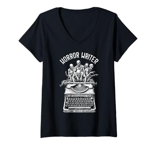 Damen Horror Writer Zombie Vintage Schreibmaschine Halloween Novelist T-Shirt mit V-Ausschnitt Damen Horror Writer Zombie Vintage Schreibmaschine Halloween Novelist T-Shirt mit V-Ausschnitt von Grandio Design Library Book Lover
