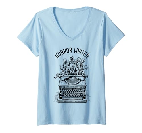 Damen Horror Writer Zombie Vintage Schreibmaschine Halloween Novelist T-Shirt mit V-Ausschnitt Damen Horror Writer Zombie Vintage Schreibmaschine Halloween Novelist T-Shirt mit V-Ausschnitt von Grandio Design Library Book Lover