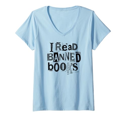 Damen Ich lese verbotene Bücher, Funny Bookish Ransom Note Reader Library T-Shirt mit V-Ausschnitt Damen Ich lese verbotene Bücher, Funny Bookish Ransom Note Reader Library T-Shirt mit V-Ausschnitt von Grandio Design Library Book Lover