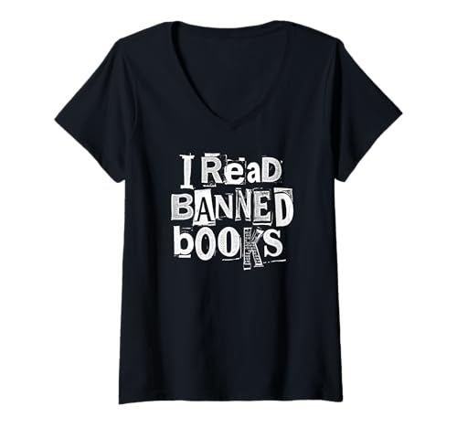 Damen Ich lese verbotene Bücher, Funny Bookish Ransom Note Reader Library T-Shirt mit V-Ausschnitt Damen Ich lese verbotene Bücher, Funny Bookish Ransom Note Reader Library T-Shirt mit V-Ausschnitt von Grandio Design Library Book Lover