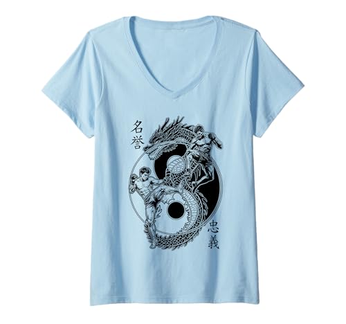 Damen MMA Fighter Dragon Yin Yang Knie-Kick Mixed Martial Arts T-Shirt mit V-Ausschnitt Damen MMA Fighter Dragon Yin Yang Knie-Kick Mixed Martial Arts T-Shirt mit V-Ausschnitt von Grandio Design Martial Arts Fighter Gifts