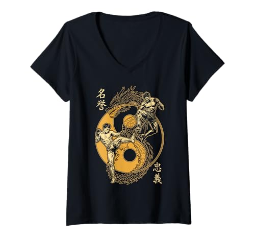 Damen MMA Fighter Dragon Yin Yang Knie-Kick Mixed Martial Arts T-Shirt mit V-Ausschnitt Damen MMA Fighter Dragon Yin Yang Knie-Kick Mixed Martial Arts T-Shirt mit V-Ausschnitt von Grandio Design Martial Arts Fighter Gifts