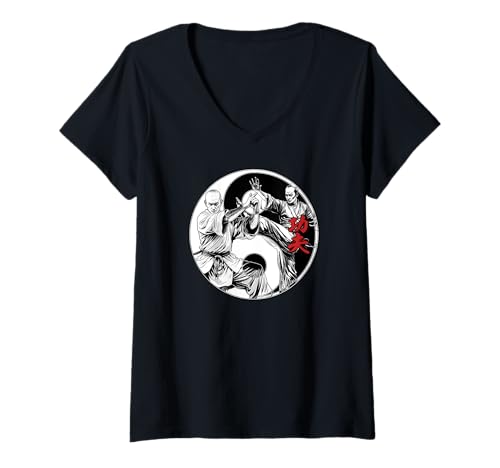 Damen Shaolin Kung Fu Mönch Yin Yang Chinesisch Mixed Martial Arts T-Shirt mit V-Ausschnitt Damen Shaolin Kung Fu Mönch Yin Yang Chinesisch Mixed Martial Arts T-Shirt mit V-Ausschnitt von Grandio Design Martial Arts Fighter Gifts