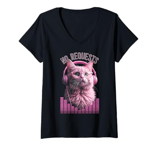 Damen Cat DJ No Requests Kitty Kopfhörer Equalizer Musik T-Shirt mit V-Ausschnitt von Grandio Design Music Lover & Musician Gifts