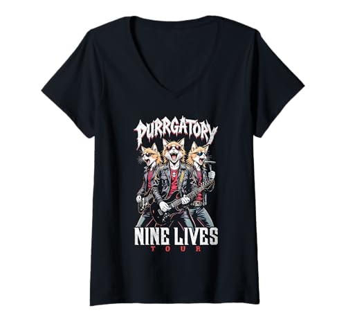 Damen Cat-Punk-Heavy-Metal-Band Purgatory Nine Lives Music Cats T-Shirt mit V-Ausschnitt von Grandio Design Music Lover & Musician Gifts
