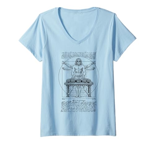 Damen DJ Plattenspieler Vitruvian Man Leonardo Da Vinci Club Music T-Shirt mit V-Ausschnitt von Grandio Design Music Lover & Musician Gifts