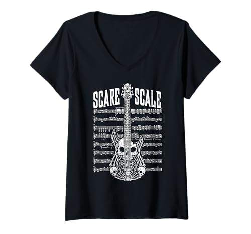 Damen E-Gitarrenspieler Gitarristen Halloween Scare Scale Skull T-Shirt mit V-Ausschnitt von Grandio Design Music Lover & Musician Gifts