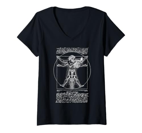Damen Französischer Hornist Hornist Vitruvian Man Leonardo Da Vinci T-Shirt mit V-Ausschnitt von Grandio Design Music Lover & Musician Gifts