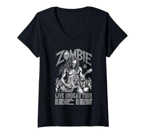Damen Gitarre Gitarrist Zombie Skelett Live Undead Halloween Musik T-Shirt mit V-Ausschnitt von Grandio Design Music Lover & Musician Gifts