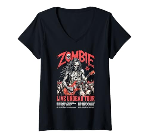 Damen Gitarre Gitarrist Zombie Skelett Live Undead Halloween Musik T-Shirt mit V-Ausschnitt von Grandio Design Music Lover & Musician Gifts