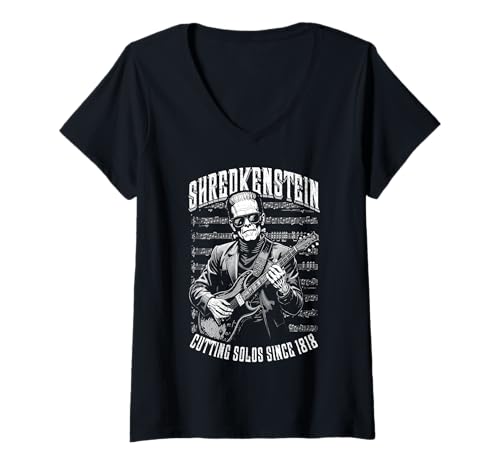 Damen Gitarrist Frankenstein Shredkenstein E-Gitarre Musik T-Shirt mit V-Ausschnitt von Grandio Design Music Lover & Musician Gifts