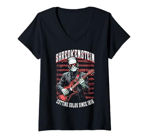 Damen Gitarrist Frankenstein Shredkenstein E-Gitarre Musik T-Shirt mit V-Ausschnitt von Grandio Design Music Lover & Musician Gifts