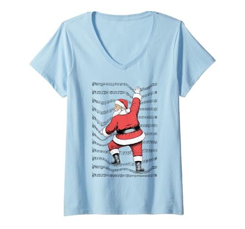 Damen Musiker Weihnachten Lustiger Weihnachtsmann Klettern Noten T-Shirt mit V-Ausschnitt von Grandio Design Music Lover & Musician Gifts