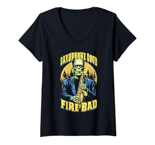 Damen Saxophon Good Fire Bad Funny Saxophonist Musik Frankenstein T-Shirt mit V-Ausschnitt von Grandio Design Music Lover & Musician Gifts