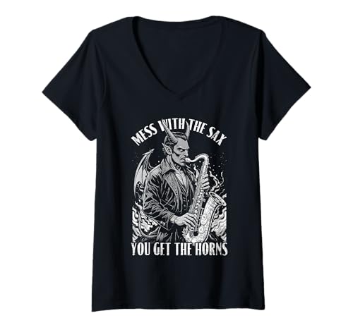 Damen Saxophon Saxophonist Mess with Sax Get Horns Devil Music T-Shirt mit V-Ausschnitt von Grandio Design Music Lover & Musician Gifts