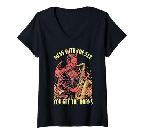 Damen Saxophon Saxophonist Mess with Sax Get Horns Devil Music T-Shirt mit V-Ausschnitt von Grandio Design Music Lover & Musician Gifts