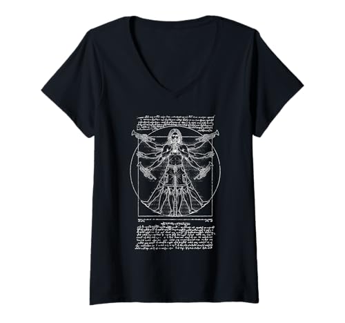 Damen Trompetenspieler Trumpetist Vitruvian Man Leonardo Da Vinci T-Shirt mit V-Ausschnitt von Grandio Design Music Lover & Musician Gifts