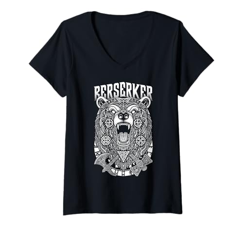 Damen Berserker Bär Wikinger Krieger Axt Hammer nordische Mythologie T-Shirt mit V-Ausschnitt von Grandio Design Norse Viking Warrior Gifts